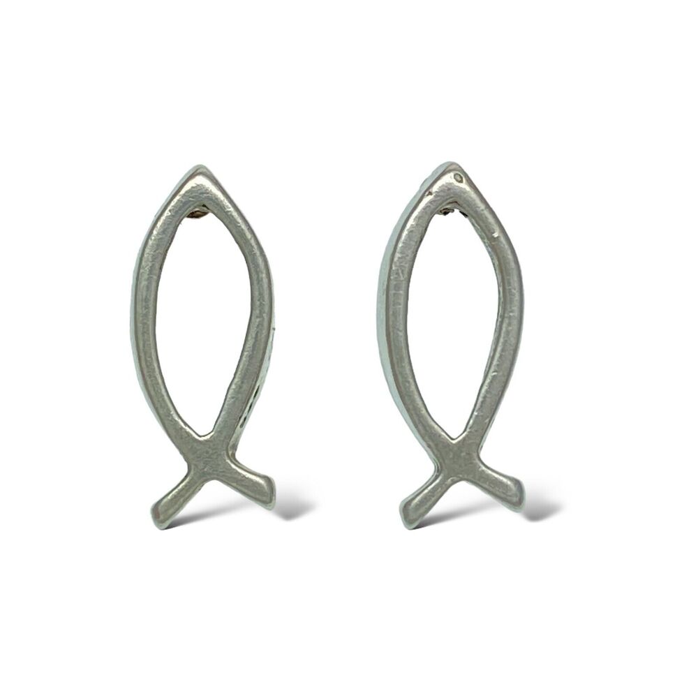 Vintage Sterling Silver 925 Religious Christian Ichthys Fish Post Stud Earrings